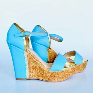 **SOLD** Qupid Gold and Light Blue Wedge with cork slide